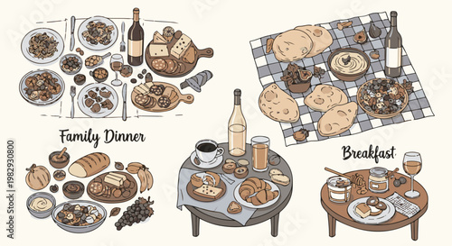 Whimsical illustrations of three different meals family dinner, breakfast, and a snack