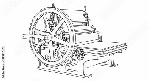 Detailed line art drawing of an old-fashioned printing press with large wheel and gears