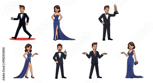 Cartoon characters in formal evening wear for red carpet event