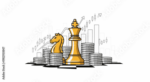 Golden chess pieces and stacks of coins in front of a rising stock market graph