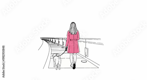 Woman in pink coat walks dog on elevated walkway beside curved track