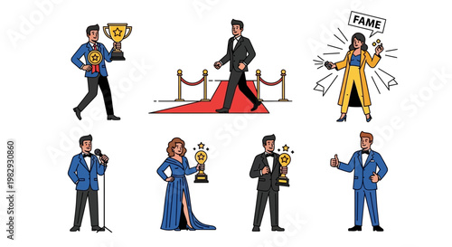 Award ceremony characters and celebrity success flat vector set
