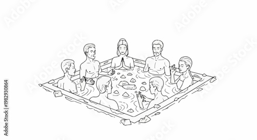 Group meditating in a hot spring, surrounded by rocks and flowing water