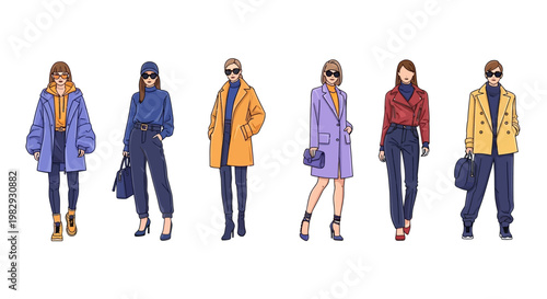 Stylish women collection in trendy autumn and winter fashion outfits