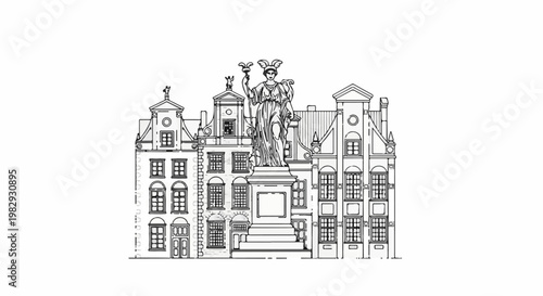 Detailed line drawing of a statue atop a monument with ornate historical buildings