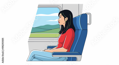 Woman in red shirt on train gazing out window at green landscape