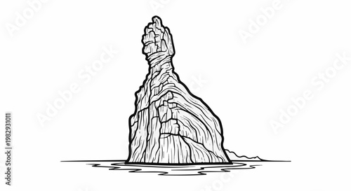 Stylized sketch of a tall, weathered rock formation emerging from water