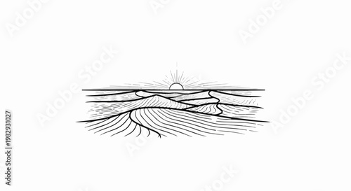 Stylized sunrise over undulating sand dunes, rendered in linework