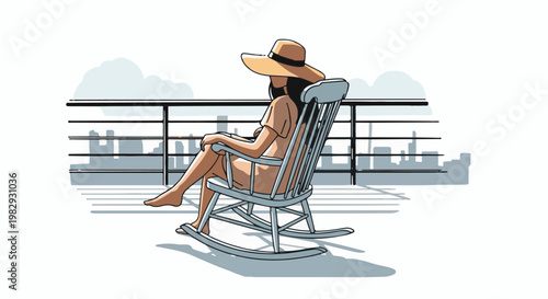 Woman in rocking chair on balcony enjoys city view