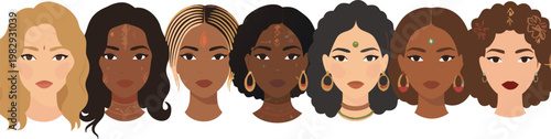 Set of Multicultural Women Portraits shows Diverse Ethnic Women Avatars with Various Hairstyles and Skin Tones flat vector illustration