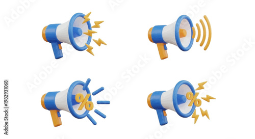 Vector illustration of 3d render of blue and orange megaphones for marketing and sales promotion on a transparent background