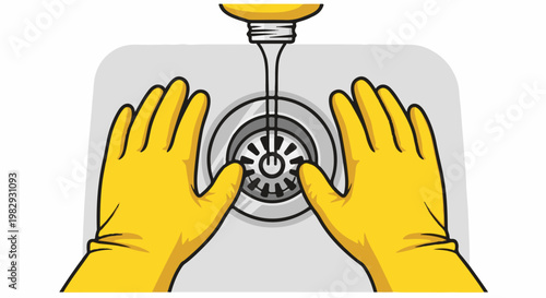 Two yellow gloved hands near a sink drain with water flowing