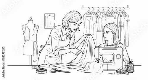 Two women sewing and designing clothes in a workshop