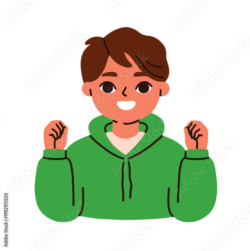Happy boy smiling, fists for yes gesture, celebrating success. Kid with positive emotion, face expression. Cute cheerful joyful child character. Flat vector illustration isolated on white background