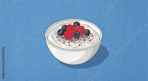 White bowl filled with creamy yogurt and topped with fresh berries and seeds