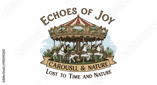 Vintage carousel with horses, surrounded by nature scenes