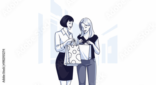 Two women happily examining purchases from shopping bags