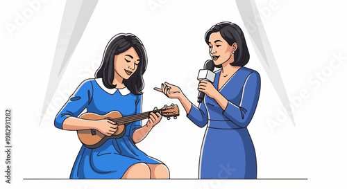 Two women in blue dresses performing music on stage with spotlight