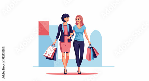 Two women friends happily shopping together carrying bags