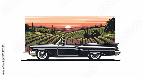 Vintage convertible cruises through rolling vineyards at sunset