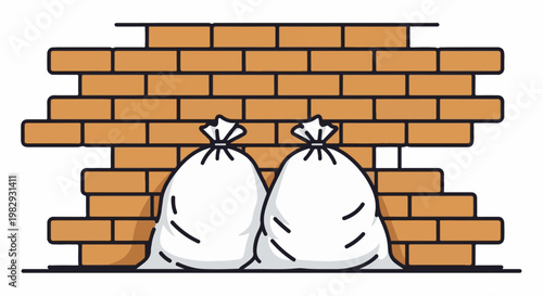 Two white sacks sit in front of an incomplete brick wall structure