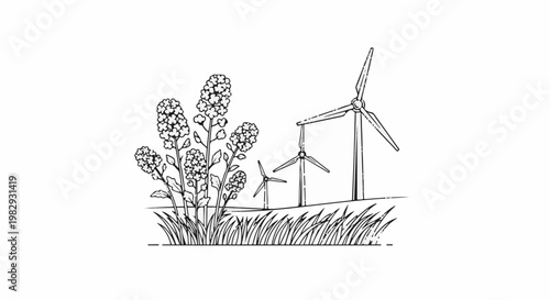 Field of wildflowers with wind turbines in the distance, sketched
