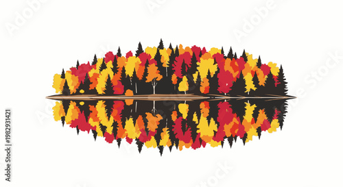 Vivid autumn forest canopy reflected in calm water