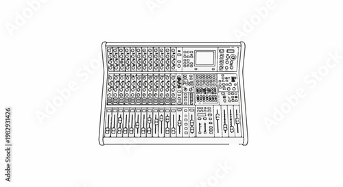 Detailed line drawing of a professional audio mixing console with multiple faders, knobs, and screen