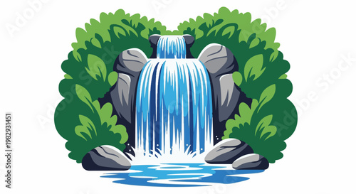 Vivid illustration of a cascading waterfall surrounded by lush green foliage
