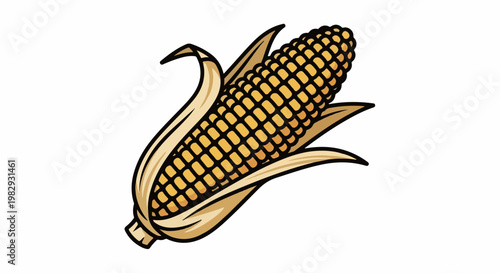 Vibrant corn cob illustration with golden kernels and green husks