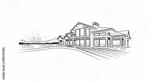 Expansive modern home with large windows overlooks a serene lake at sunrise