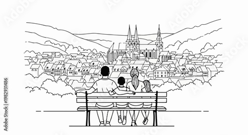 Family sits on park bench admiring scenic European town with church spires