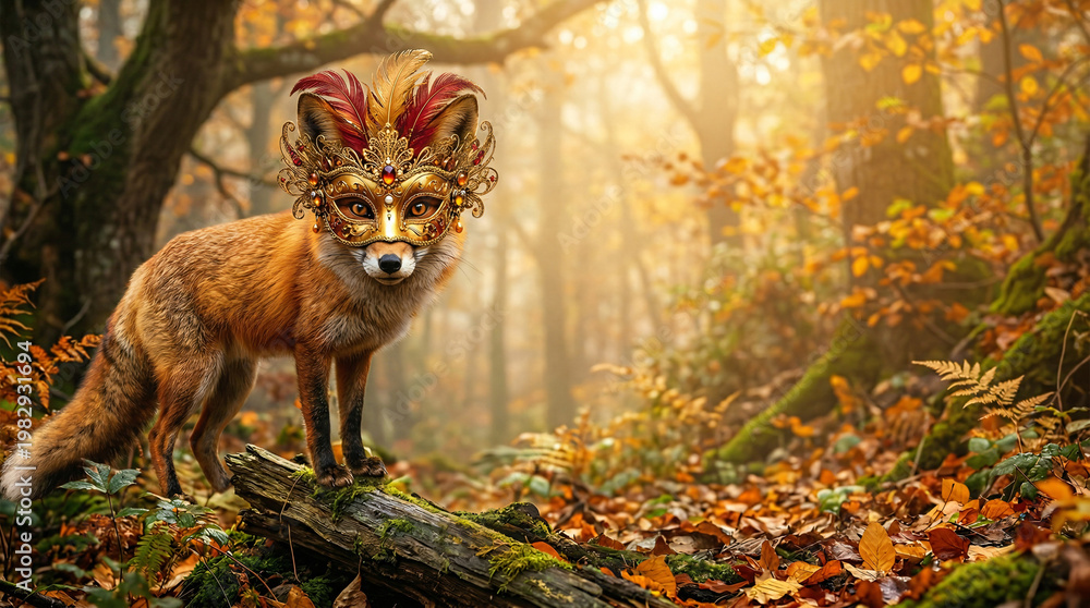 Fototapeta premium Mystical Fox Wearing Ornate Venetian Mask in Autumn Forest 