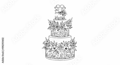 Elegant multi-tiered cake adorned with floral details and dove toppers