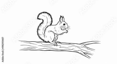 Line art of a squirrel perched on a tree branch, holding a nut