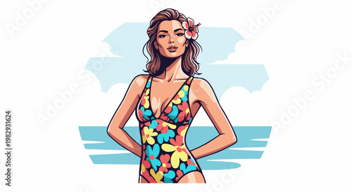 Vintage style woman in floral swimsuit with flower in hair beach scene