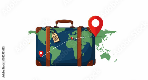 Vintage suitcase styled with a world map and travel route pins