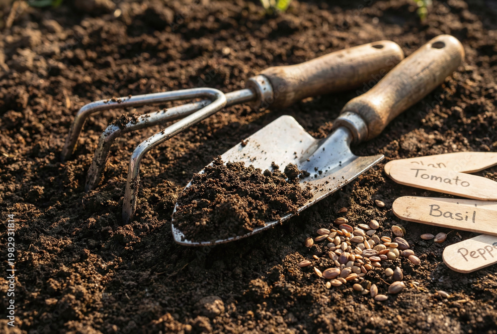 Fototapeta premium Gardening Tools Trowel and Cultivator in Fresh Soil with Plant Markers 