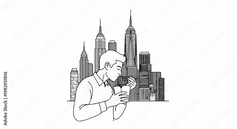 Obraz premium Man enjoys noodles in city with tall buildings