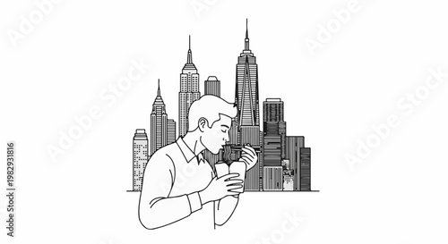 Man enjoys noodles in city with tall buildings