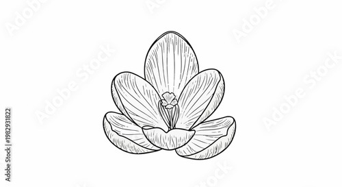 Delicate line art drawing of an open crocus flower with detailed petals