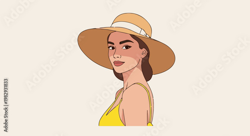 Woman in wide-brimmed hat and yellow sundress with tan lines