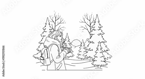 Woman in winter coat and backpack enjoys a warm drink outdoors