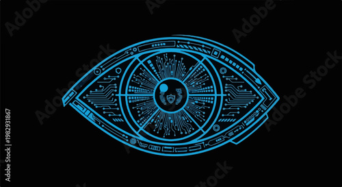Cybernetic eye with circuit patterns, symbolizing digital surveillance and security