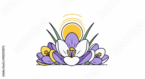 Vibrant illustration of blooming purple and yellow crocuses under a stylized sun