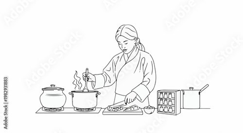 Woman in traditional garment cooking, chopping food beside pots