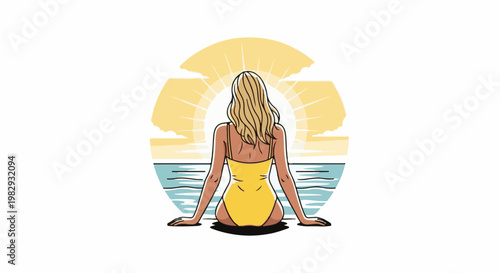 Woman in yellow swimsuit watching a vibrant sunset over the ocean