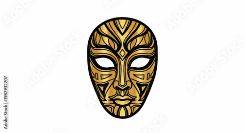 Ornate golden face mask with tribal patterns, featuring eye slits