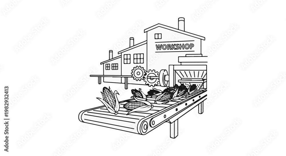 Obraz premium Corn on a conveyor belt entering a workshop facility for processing