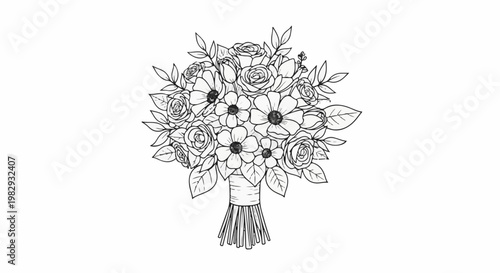 Line art sketch of a lush bouquet featuring roses and daisies bound with ribbon